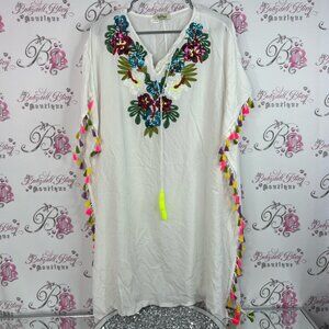 Finovas coverup sequins sparkly tassles flowers Floral Embroidered White Tunic